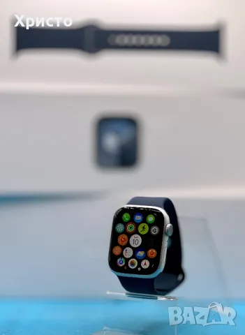 ГАРАНЦИОНЕН!!! Смарт часовник Apple Watch 9, 45 мм, Silver Aluminium Case, Storm Blue Sport Band, снимка 1 - Смарт часовници - 46863273