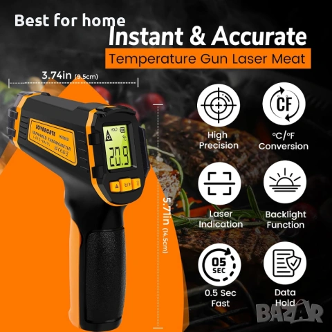Инфрачервен термометър, цифров термометър, лазерен термометър за месо, за готвене, храна, фурни , снимка 2 - Други инструменти - 53498989