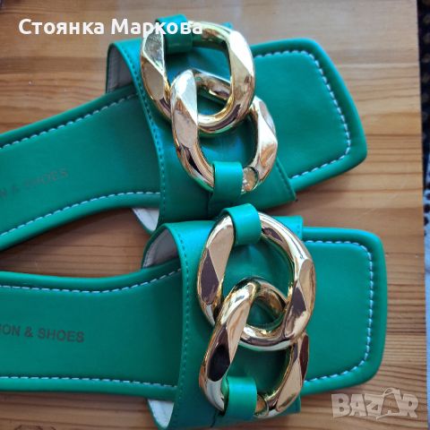 Зелени чехли със синджир,нови, снимка 2 - Чехли - 45993341
