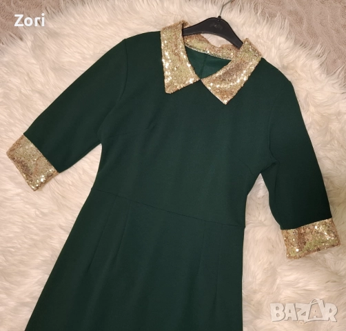 Зелена рокля с акценти от златисти пайети, снимка 3 - Рокли - 52598787