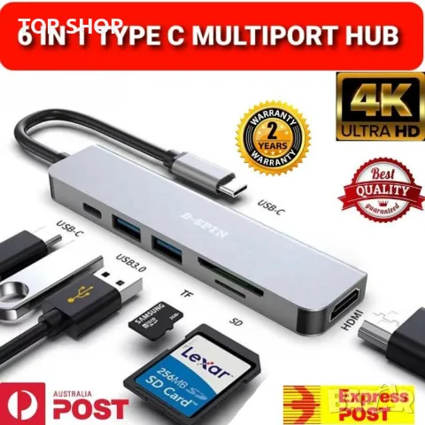 6 В 1 USB тип C към 4K HDMI USB3.0 USB SD TF адаптер за четец на карти, снимка 2 - Захранвания и кутии - 48596635