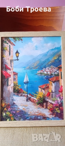 Средиземноморски Пейзаж със Синьо Небе и Бели Сгради, снимка 3 - Картини - 51997336