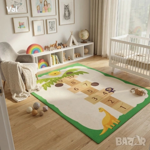 Детски килим за игра 120х160см - Бял килим с динозавър и дама-палма, противоплъзгащ и миещ се, снимка 4 - Килими - 53932068