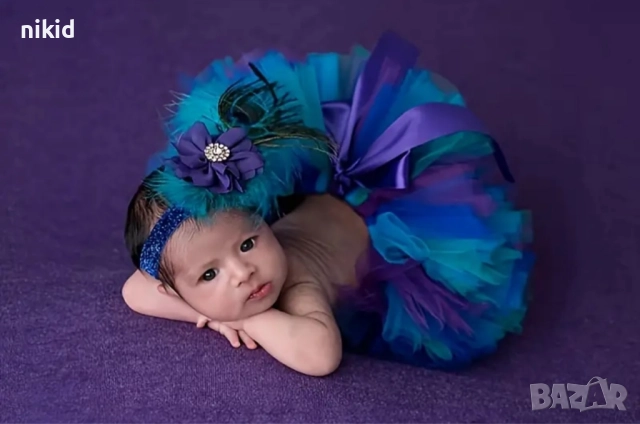 Синьо-зелена лилава туту пола поличка и лента за глава за бебе фотосесия фото декор