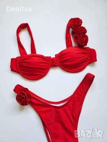 Червен бански с рози , снимка 1 - Бански костюми - 46389183
