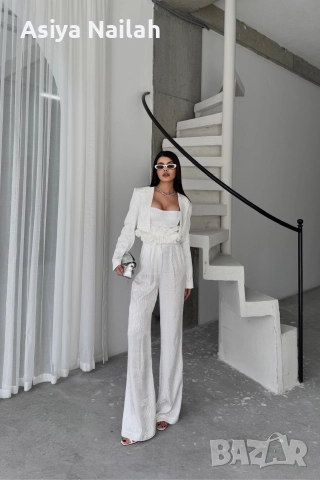 Дамски бял костюм от 3 части – сако, топ и широк панталон, снимка 8 - Костюми - 52792810