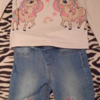 дънки и блуза с еднорог,може и отделно , снимка 1 - Детски панталони и дънки - 45198956