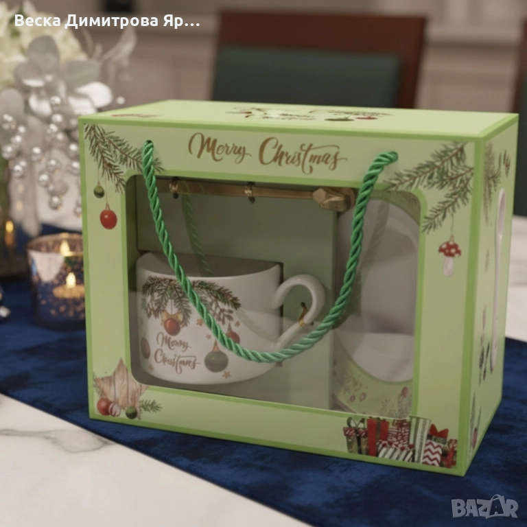 Коледен подаръчен комплект – Керамична чаша с лъжичка и чинийка в празнична кутия, снимка 1