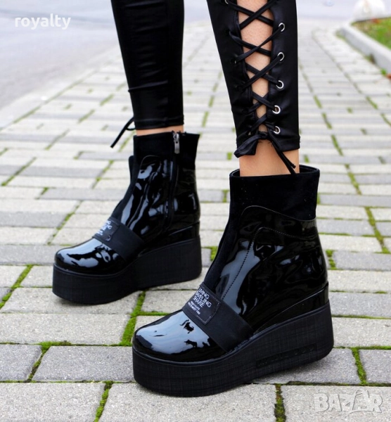 Боти на платформа - черен лак, снимка 1