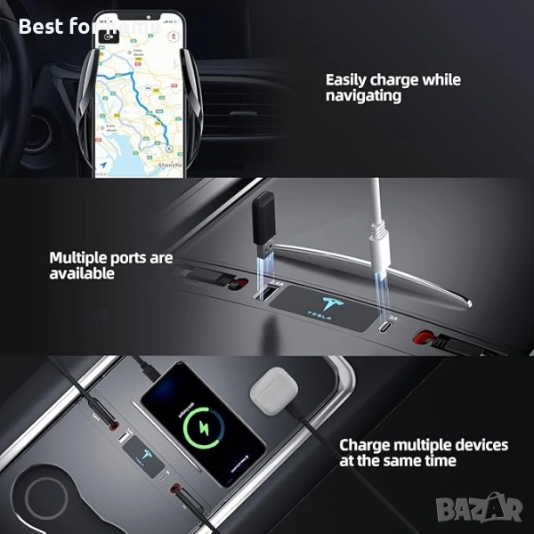 USB хъб, докинг станция с 4 порта за зареждане  за Tesla Model 3, Model Y 2021, 2022 и 2023, снимка 1