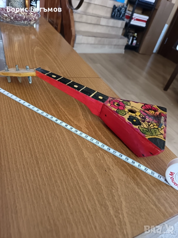 Руска дървена играчка балалайка, СССР, винтидж, цветни, ръчно рисувани цветя, , снимка 1