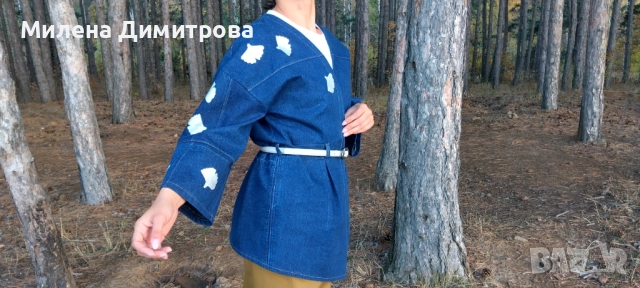 Дамско кимоно от рециклиран деним и рисувана Гинко Билоба , снимка 8 - Сака - 48851511