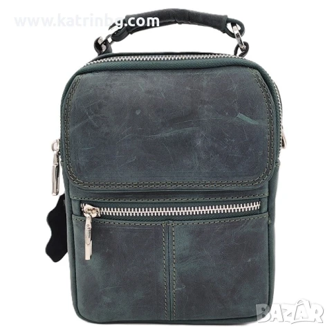 Мъжка чанта през рамо от естествена кожа – тъмно зелена с ефектен дизайн Код на продукта:K-033