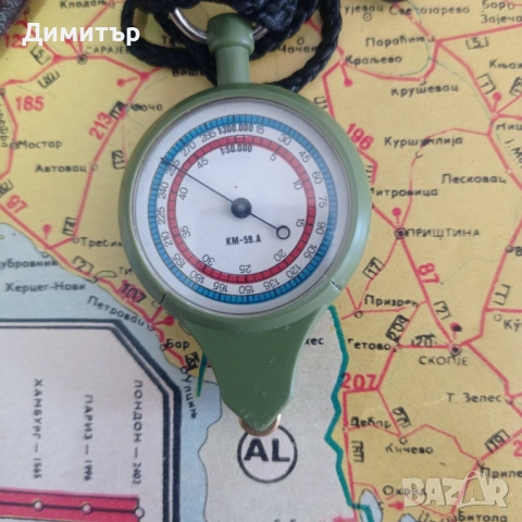 Ретро двустранен курвиметър КМ-59.А – СССР, отличен, с кожен калъф, снимка 2 - Антикварни и старинни предмети - 54136718