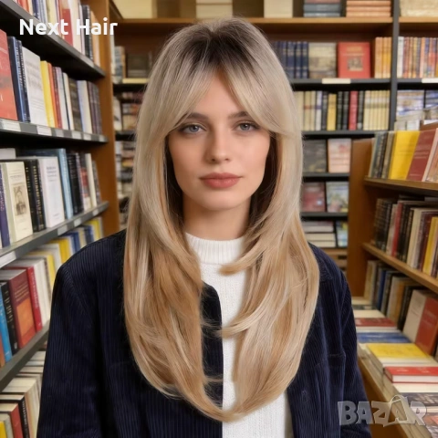 Руса перука с тъмни корени и бретон – 60 см, на пластове, синтетична, снимка 4 - Аксесоари за коса - 53948471