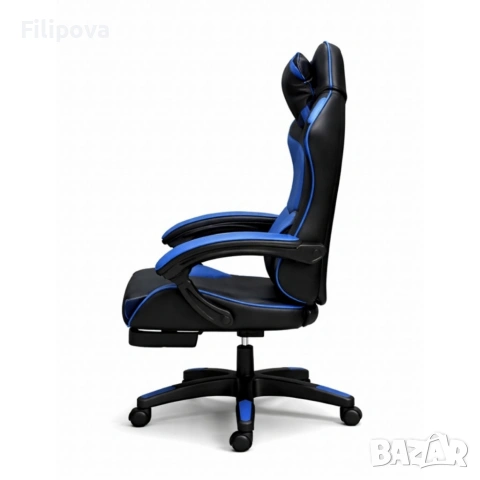 Ергономичен геймърски стол с масажна функция и поставка за крака – черно-син, снимка 6 - Столове - 53443529