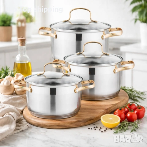 Луксозен комплект тенджери с неръждаема стомана и златисти дръжки – перфектният избор за всяка кухня, снимка 3 - Съдове за готвене - 53057442