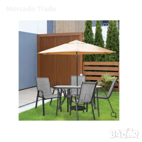 Декоративна маса за двор със стъклен плот, Стойка за чадър, Метал