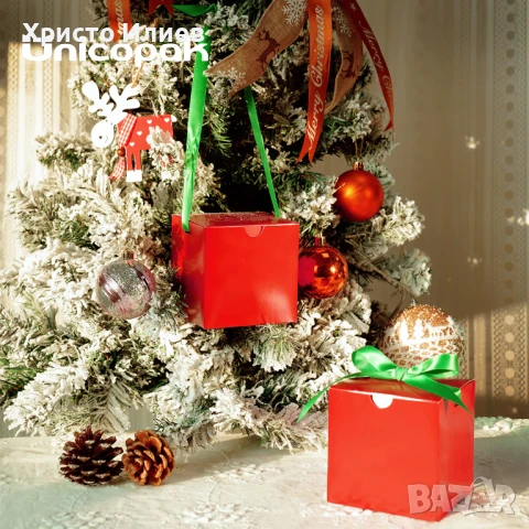 Подаръчна кутия Червена със зелени панделки 10x10x10см 10бр, снимка 4 - Други стоки за дома - 51375107