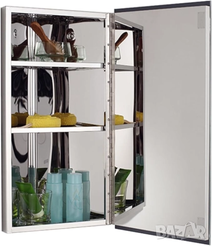 Ъглов Шкаф с Огледало за Баня, Стенен Монтаж, от Неръждаема Стомана, 3 Рафта, 60×30×19 см!, снимка 9 - Шкафове - 52859543