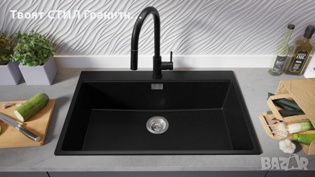 Черна Кухненска Мивка от гранит Осло 80 XXL Top 780 x 500 mm, снимка 4 - Мивки - 50710084
