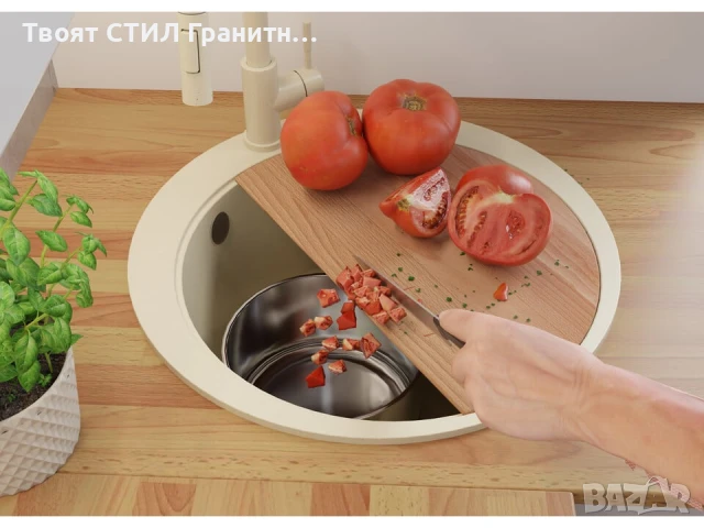 Бежава кръгла кухненска гранитна мивка Пиза 50 Top 530 x 530 мм, снимка 4 - Мивки - 51286311