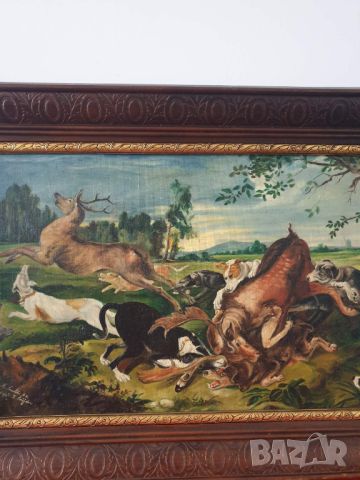 Много стара ловна картина масло върху платно, репродукция/копие на Deer Hunt (Frans Snyders) 82х50, снимка 2 - Картини - 46813480