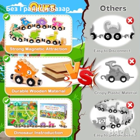 Нова играчка Образователно дървено влакче динозаври с магнити за деца 1-3, снимка 4 - Образователни игри - 53822828