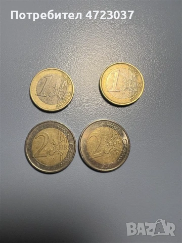 Евро монети от различни години, използвани, но добре запазени.
