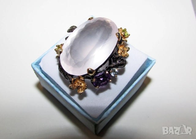 925 сребърен пръстен с 38 карата розов кварц, халка 7/55, снимка 2 - Пръстени - 52886123