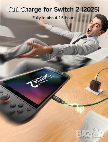 JSAUX 65W USB C зарядно за Nintendo Switch 2, ROG Ally, Steam Deck, таблети, лаптопи, 2 метра кабел, снимка 2 - Друга електроника - 50582335