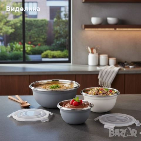 Комплект GOURMETmaxx купи от неръждаема стомана с капаци – 3 в 1 за съхранение и свежест, снимка 5 - Кутии за храна - 51921065