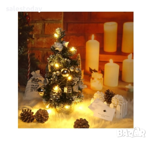 Елха с жълти топки и шишарки, Декоративна светеща елхичка с 20 LED лапички, 50см, снимка 3 - Декорация за дома - 52373528