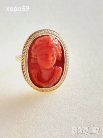 Дамски златен пръстен 14к с инкрустирана коралова камея, снимка 8 - Пръстени - 52624282