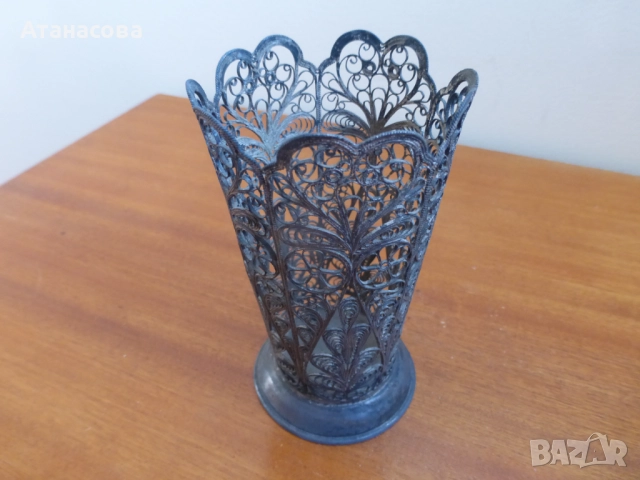 Руски посребрен подстакан ваза филигран 1960 г, снимка 3 - Антикварни и старинни предмети - 52909170