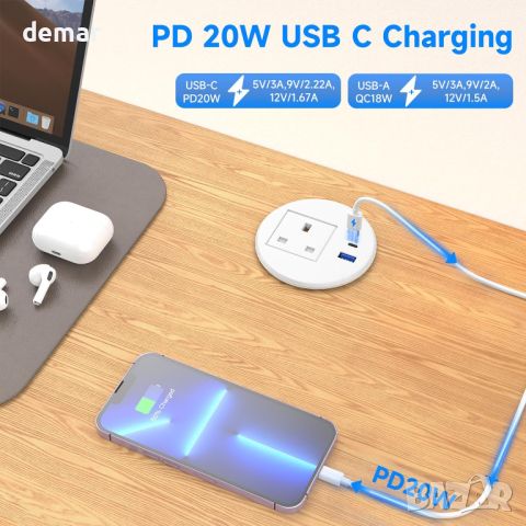 Захранващ контакт Ohio Desk Grommet USB C PD 20W, вграден с 2 USB порта, бял, снимка 2 - Друга електроника - 45556096