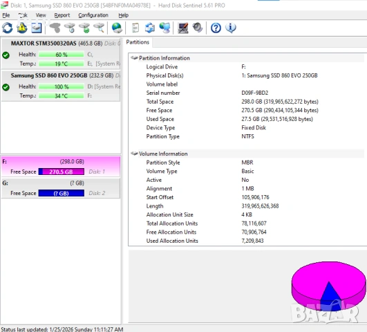 Диск Samsung 860 EVO , 250 GB, SSD SATA III, 2.5" 100% , снимка 4 - Твърди дискове - 53226499