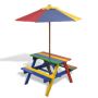vidaXL Детска пикник маса с пейки и чадър, многоцветна, дърво（SKU:40773