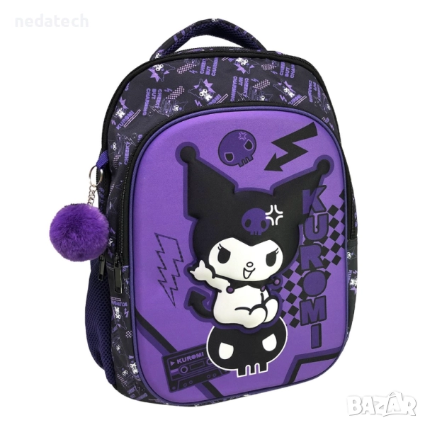 Ученическа раница Kuromi, Черно - Лилав, 32x15x42см, снимка 1