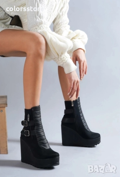 Боти на платформа - черен велур с черно ходило - B2001 , снимка 1