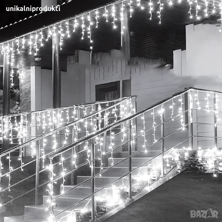 6м Коледни външни лампички LED завеса Студено бяла светлина  с ФЛАШ ЕФЕКТ , снимка 1