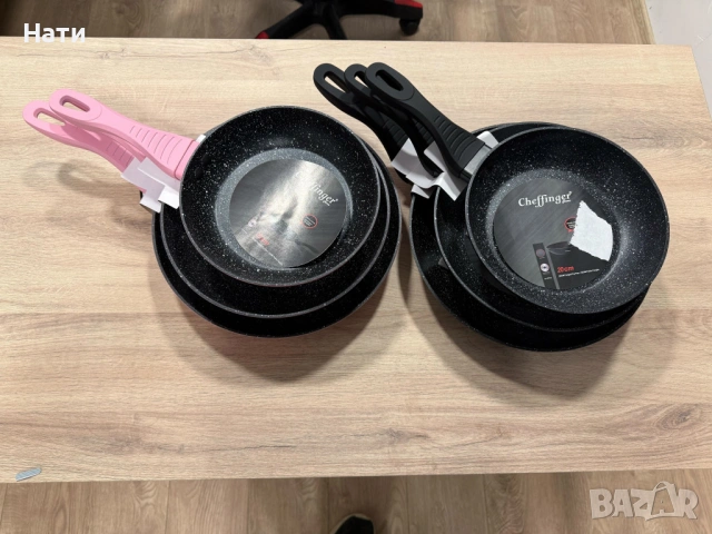 НОВ Комплект тигани Cheffinger розово с мраморно покритие – 3 части за всяка кухня - розов цвят, снимка 4 - Съдове за готвене - 53718438
