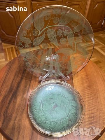 Винтидж чинии с модерна визия! Руски тортен/десертен комплект от 7 броя стъклени чинии, СССР, снимка 4 - Сервизи - 52973487