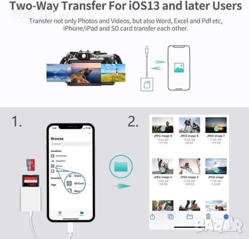 Четец на карти SD/Micro за iPhone/iPad, 3 в 1, снимка 5 - Захранвания и кутии - 49105487