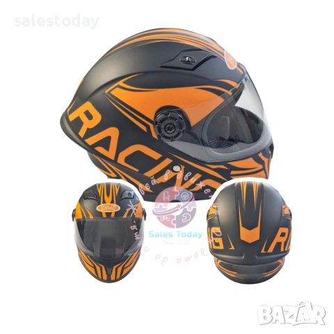Детска Каска със слюда Racing, Черен/оранжев- Мат