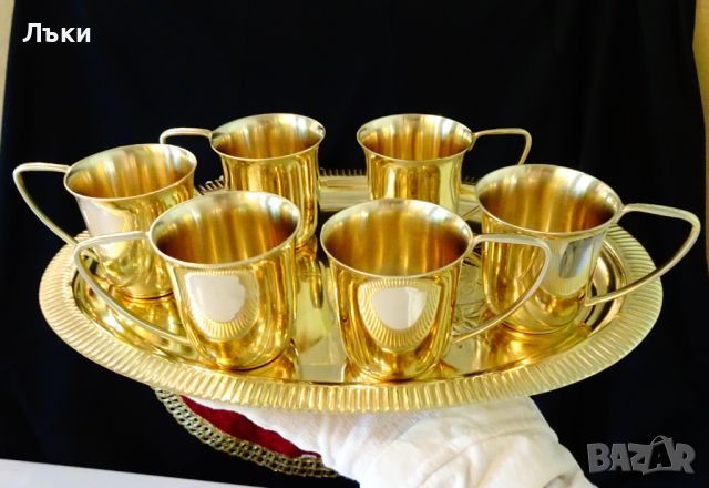 Английски сервиз чаши с поднос,никелово сребро. , снимка 2 - Антикварни и старинни предмети - 45912865