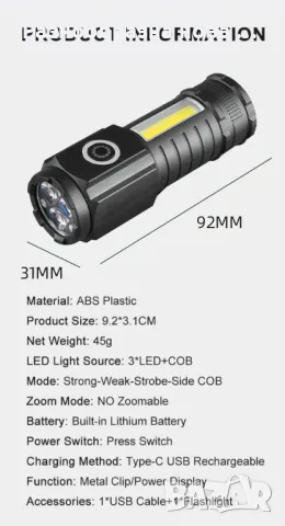 Супер мощно USB LED фенерче, снимка 5 - Други - 48838412