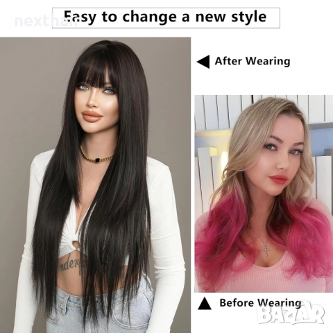 Дълга 80 см тъмно кафява права перука на пластове зигзаг път, снимка 6 - Аксесоари за коса - 52319493