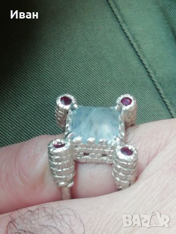 Сребърен пръстен със Сапфир и Рубини , снимка 3 - Пръстени - 45836746