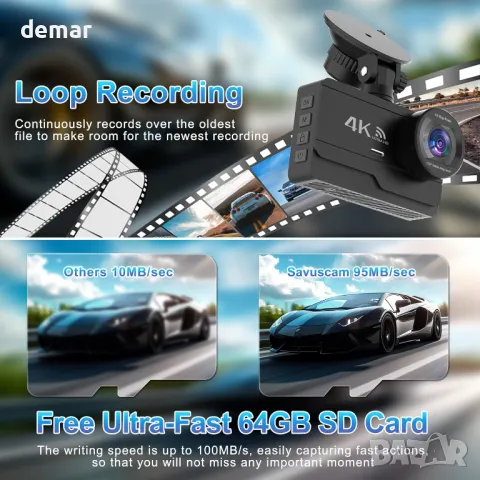 DYNACAM 4K/2K+1080P Dash Cam отпред и отзад, 64GB карта, 170°широк ъгъл, G-сензор,, снимка 3 - Аксесоари и консумативи - 47107949